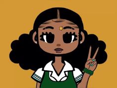 an animated girl with black hair and green overalls holding up two fingers in front of her face