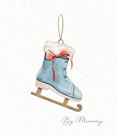 a watercolor painting of a blue ice skate ornament with a pink bow