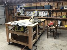 a workbench in a garage with tools on it