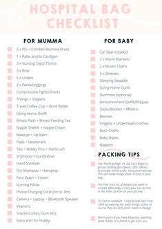 the printable hospital bag checklist for mums and babies is shown in pink