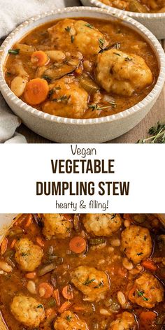 vegetable dumpling stew in a white bowl with text overlay