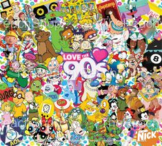 a large group of cartoon characters with the words love and 90's written on them