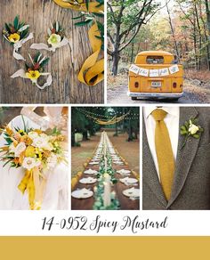 yellow and gray wedding colors with white flowers, greenery and an old school bus