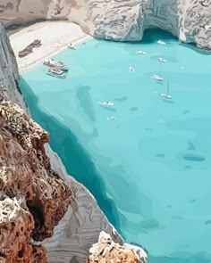 a painting of boats floating in the water near rocky coastlines and cliffs with blue waters