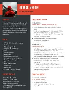 a red and black resume template with an image of a man in the raincoat