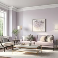 a living room with purple walls and furniture