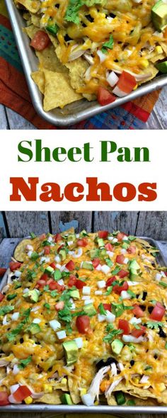 an image of sheet pan nachos with cheese and tomatoes