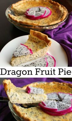 there are two pictures of dragon fruit pies on the plate and one is cut in half