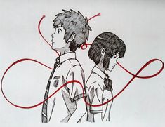 a drawing of two people standing next to each other with red lines on their backs