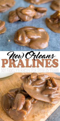 chocolate covered pretzels sitting on top of a cutting board with the words new orleans pralines