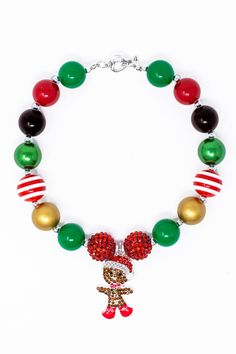 Add some bling to your little one's get-up with this Gingerbread Man Bubblegum Necklace. This necklace comes with a gingerbread man pendant and fun Christmas colored beads. So have her looking like the diva she is whenever she steps out this holiday season. Please note: We check all necklaces before being shipped out to insure you do not receive damaged items. As such, we will not be sending out replacements or refunding necklaces. Necklaces can be fragile if handled improperly. Actual product m Donut Dress, Kids Jewelry Box, Sparkle In Pink, Bubblegum Necklace, Christmas Necklace, Gingerbread Girl, Birthday Girl Dress, Tiny Treasures, Fun Christmas