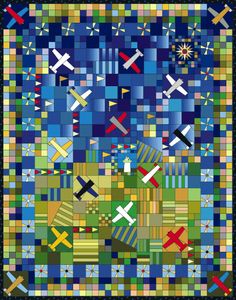 an image of a quilt made with different colors and shapes, including the cross on it