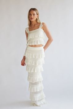 off white crochet knit tiered ruffle sleeveless crop top and maxi skirt set | unique coachella outfits Matching Long Skirt And Top Set, Dresses For Tropical Vacation, Senior Spring Break Outfits, Cute Sets Two Pieces, Greece Aesthetics Outfit, Long Skirt And Top Set, Vacation Sets, Crochet Baby Skirt, Skirt And Top Sets