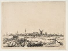 an old drawing of a windmill in the distance