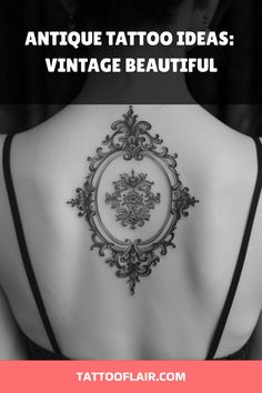 the back of a woman's neck with an ornate tattoo on it and text that reads