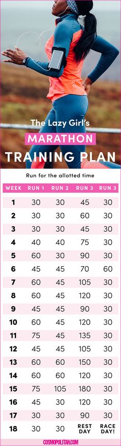 the marathon training plan is shown in pink and blue, with an image of a woman running