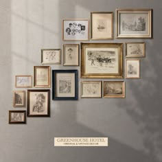 there are many framed pictures on the wall with words above them that read greenhouse hotel