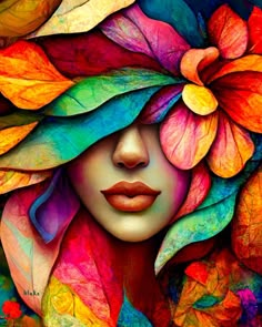 a woman's face with colorful leaves surrounding her and the image is painted in bright colors