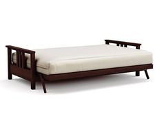 a wooden bed frame with white sheets and pillows on the bottom, in front of a white background