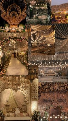 a collage of images showing different types of wedding decorations and stage lighting in various stages of being set up