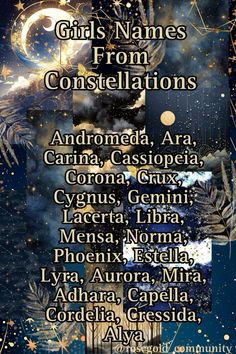 a poster with the names and dates for girls names from constellations