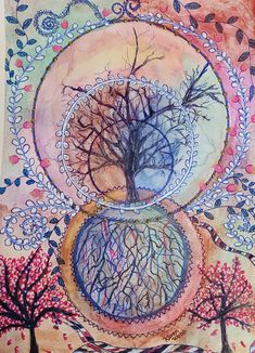 a painting with trees in the middle and an image of a tree surrounded by circles