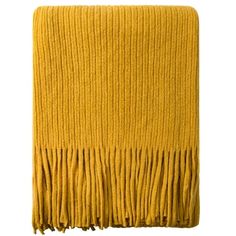 a yellow blanket with fringes on the bottom and one in the middle, against a white background