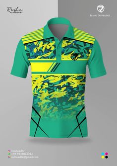 a green shirt with yellow and black designs on the front, while it's also in