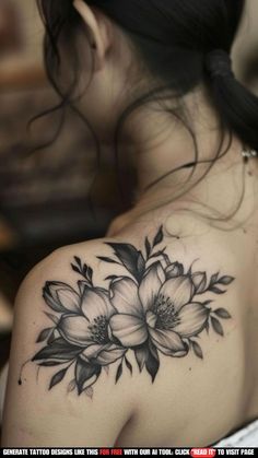 the back of a woman's shoulder with black and white flowers on her arm