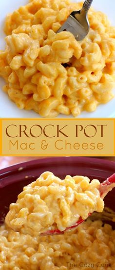 macaroni and cheese is being spooned into a bowl with the words crock pot mac & cheese