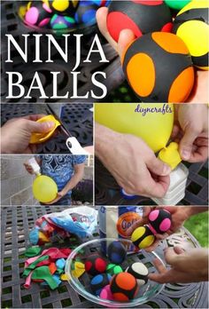 an image of some colorful balls in a bowl and on top of a metal table