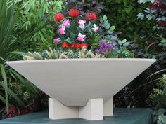 a white bowl with flowers in it sitting on top of a blue table surrounded by greenery