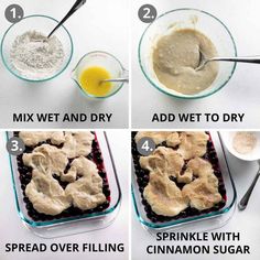 steps to make homemade pie crusts in a glass baking dish with ingredients for the filling