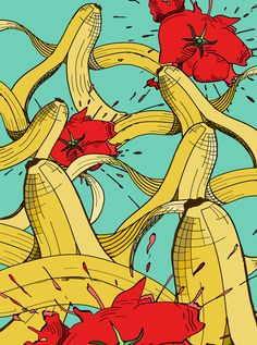 an image of bananas and red flowers in the air with blue sky behind them on a sunny day