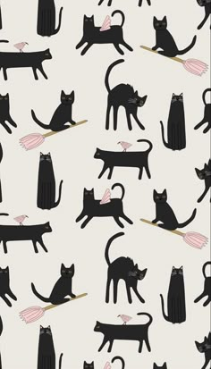 black cats on white background with pink and yellow tailes in various positions, all facing different directions