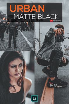 an advertisement for urban matte black featuring a woman on a skateboard and two men in the background