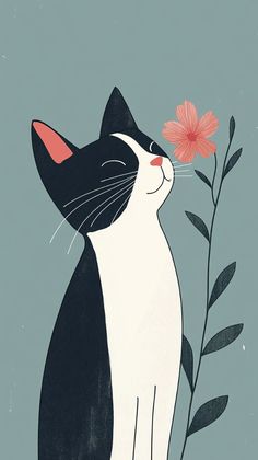 a black and white cat with a flower in it's mouth on a blue background