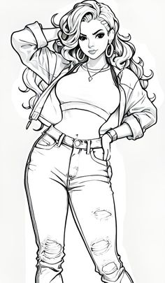 a black and white drawing of a woman in ripped jeans