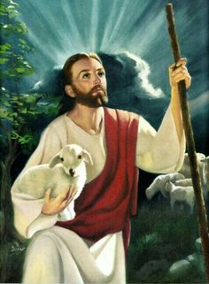 a painting of jesus holding a stick with sheep in the background