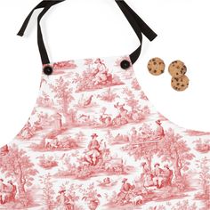 a red and white apron with cookies on it