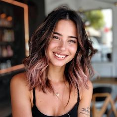 Black To Rose Gold Ombre Hair, Dark Brown To Rose Gold Ombre, Dark Brown Hair Rose Gold Balayage, Pink Balayage Medium Hair, Rose Brown Ombre Hair, Fashion Color Money Piece, Dark Brown Rose Gold Hair, Short Hair With Colored Tips, Brunette Pink Ombre