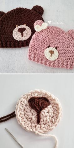 two crocheted hats with teddy bears on them, one is pink and the other is brown