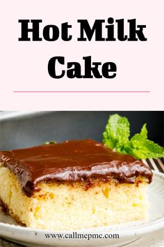 a close up of a slice of cake on a plate with chocolate frosting and mint