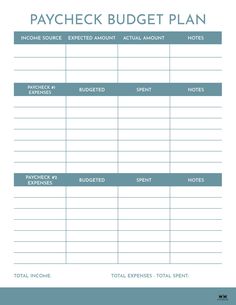 a printable pay sheet with the words paycheck budget plan