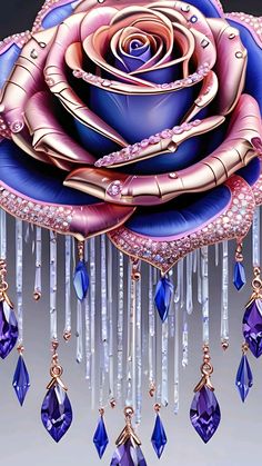 a pink rose with blue jewels hanging from it's center and surrounded by crystal drops