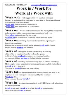 an image of work in / work for work at / work with words and phrases