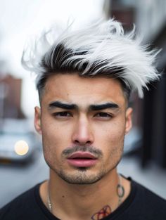 Exploring 33 Diverse White Hair Color for Men Ideas Across Silver and Ash Tones Black And White Dyed Hair Men, Black White Hair Men, Men Platinum Hair, Men’s Platinum Hair, Mens Silver Hair Dyed, Mens Bleached Hair Dark Roots