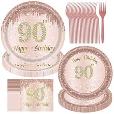 pink and gold 30th birthday party supplies including plates, forks, napkins and fork