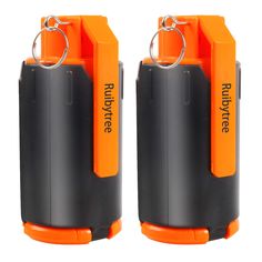 two orange and black lighters sitting next to each other