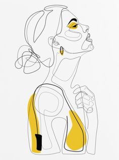 a drawing of a woman's face with lines on her body and head, in yellow